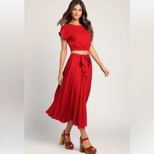 Lulus Lulu’s NWT Brings You Back Wine Red Two-Piece Midi Dress skirt